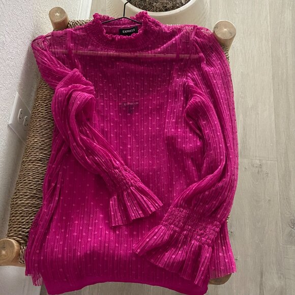 Classy Polka Dot EXPRESS Women's Top w/Camisole, Large Size Pink Mesh Dressy Top - Picture 6 of 15